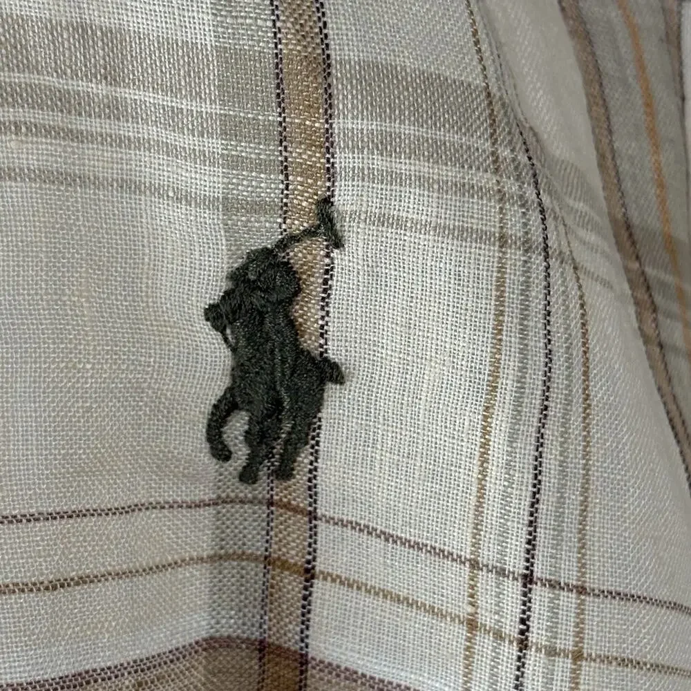 POLO Ralph Lauren Desert Sand Plaid Linen Scarf Italy 17X88” Tan Brown Green